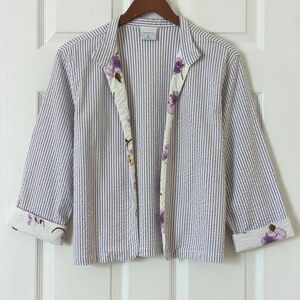 Color Me Cotton 90's Vintage Striped Floral Trim Open Front Cardigan Purple S